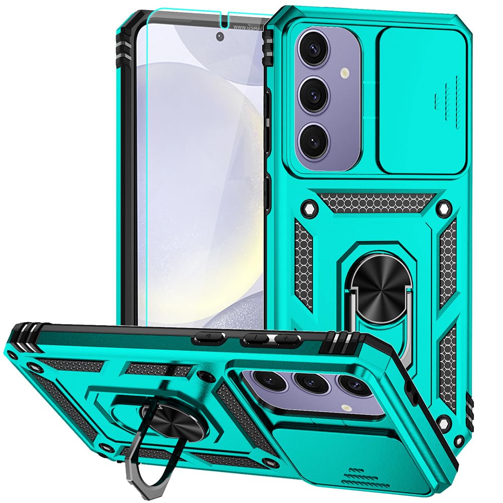 For Samsung Galaxy S24 FE Case, Soft Silicone Rubber Bumper Hard Plastic Phone Case with [Sliding Camera Lens Cover] [360° Rotatable Kickstand Ring] [HD Screen Protector] for S24 FE 5G Green