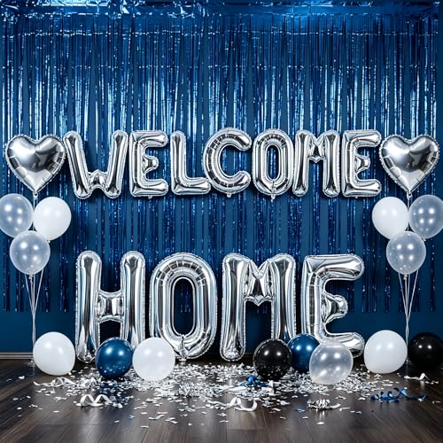 Image of TONIFUL 2 Size Silver WELCOME HOME Foil Letter Balloons Banner Decorations