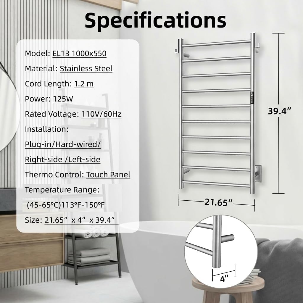 P&Dlusir Towel Warmer, Heated Towel Rack with Smart Timer and Thermo Control, Wall-Mounted Heated Towel Rail, Stainless Steel, Hard-Wired/Plug-in, Brushed, 10 bar