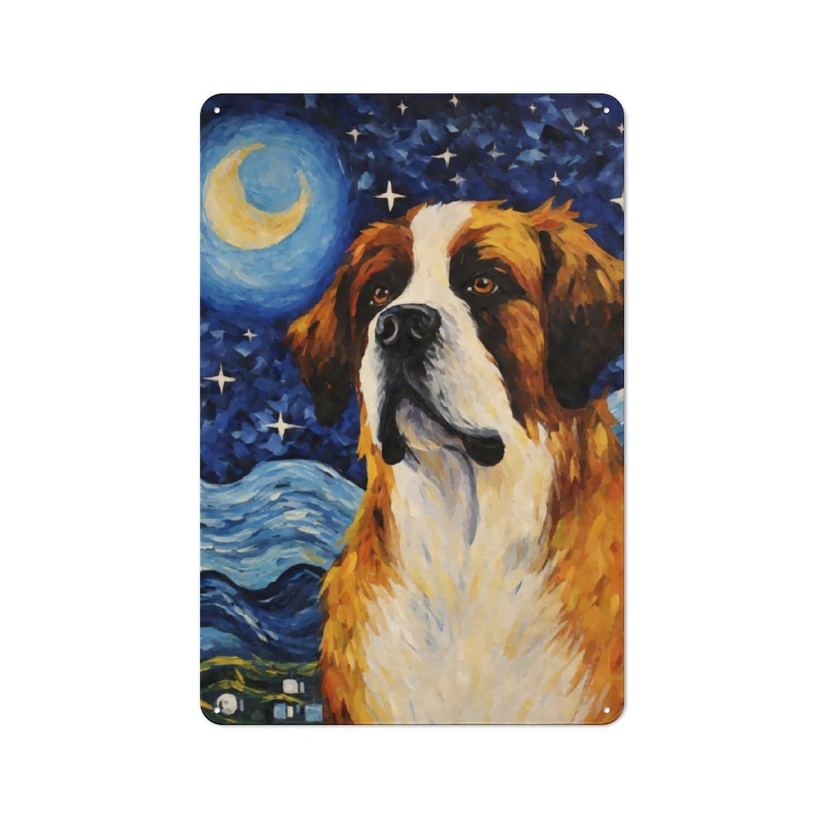 Junmoney Saint Bernard Starry Night Rustic Tin Wall Plaque 30X20cm For Home Bar Wall, For Vintage Wall Decor Fans, For Living Room And Hallway Decor