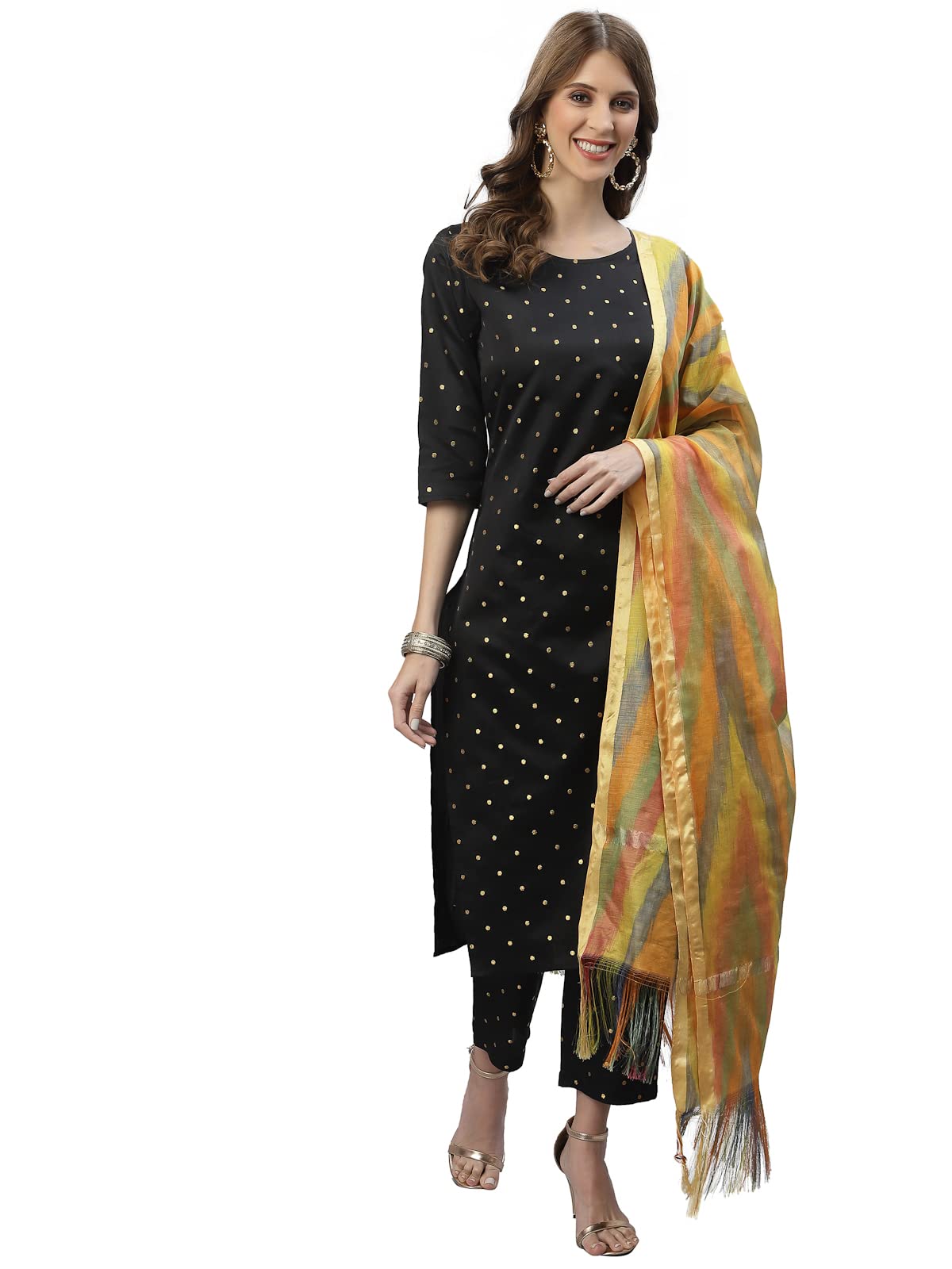 Stylum Women's Self Design Poly Silk Straight Kurta Pant & Dupatta Set (Blackbmw44_Black, Xxl)