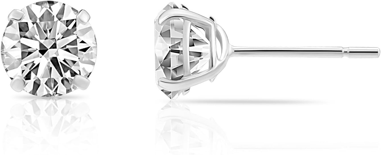 14k White Gold Solitaire Round Cubic Zirconia Stud Earrings with Silicone Pushbacks