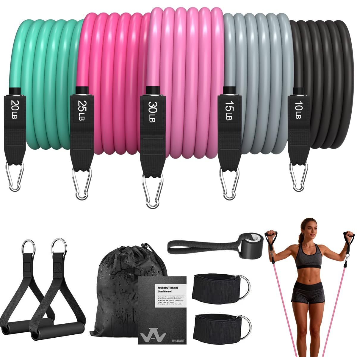 WHATAFIT Heavy Resistance Bands with Handles, 300LBS Exercise Bands for Working Out, Muscle Training Bands for Men Women, Strength & Powerlifting Equipment for Home Gym 10-100LB-Pink