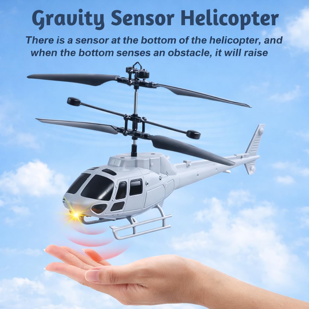KIDZYMON® RC Helicopter with Upgraded Gravity Vacant 4.0 Sensing, 27 MHz, Only Up and Down Flying (No Left-Right Turning), Chargeble, 3D Lighting, Safety Sensor, Kids Age 5+ Years (Millitary Gray)
