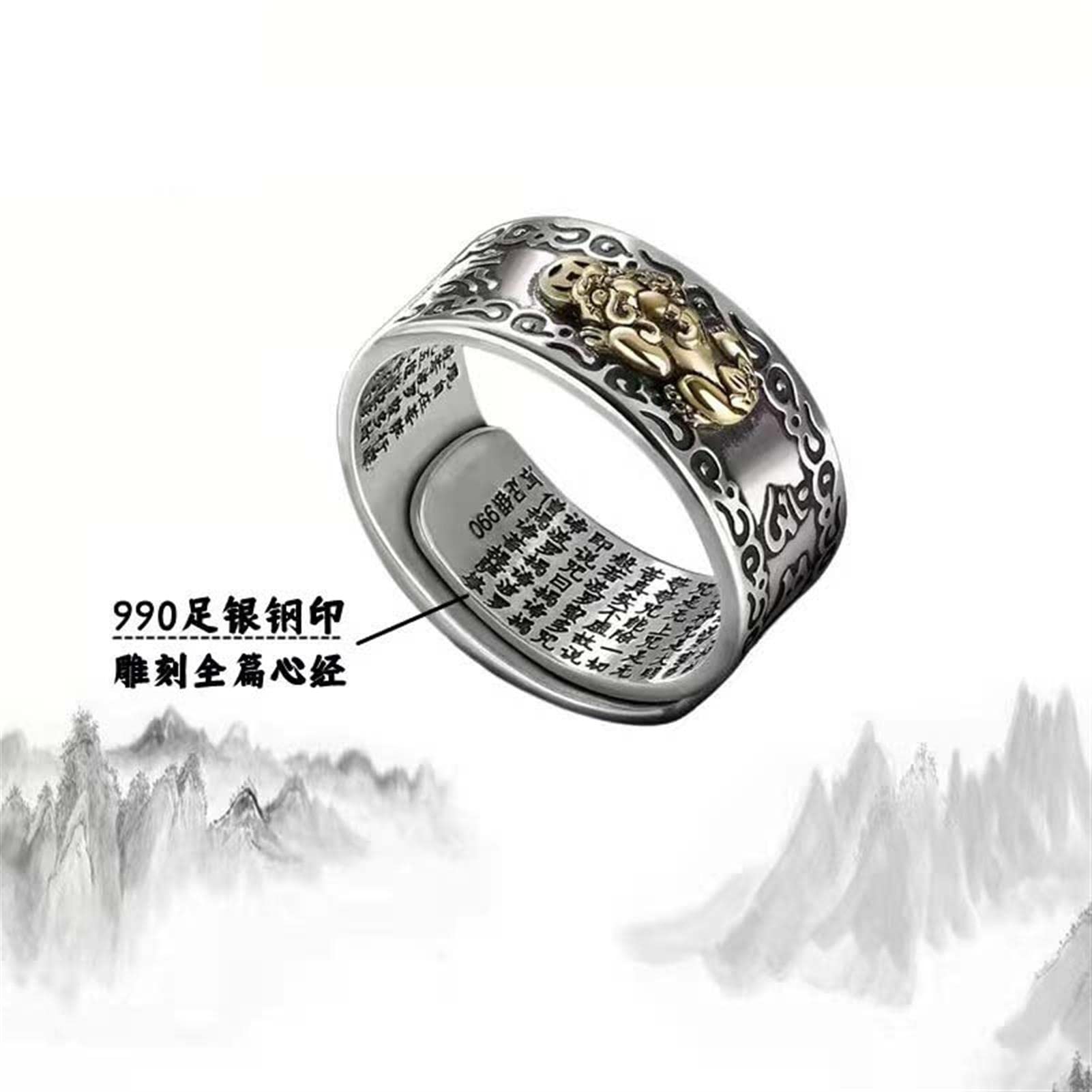 99 Silber Feng Shui Pixiu Mantra Ring Buddhistisches Glück Amulett Mantra Doppelter Schutz Reichtum Liebe Gesundheit Ring Geschenk für Männer Frauen,Gold male1