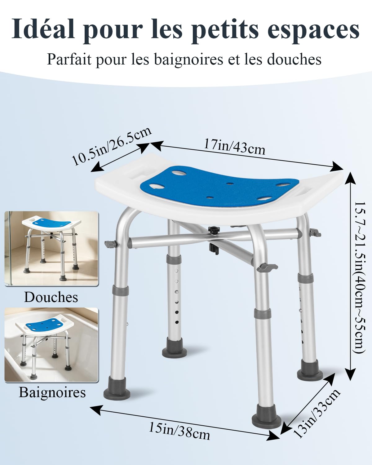 Taburete de ducha de altura ajustable para personas mayores con pasamanos con ventosa, silla antideslizante de aluminio de hasta 136 kg, asiento de ducha, silla para ducha y personas mayores