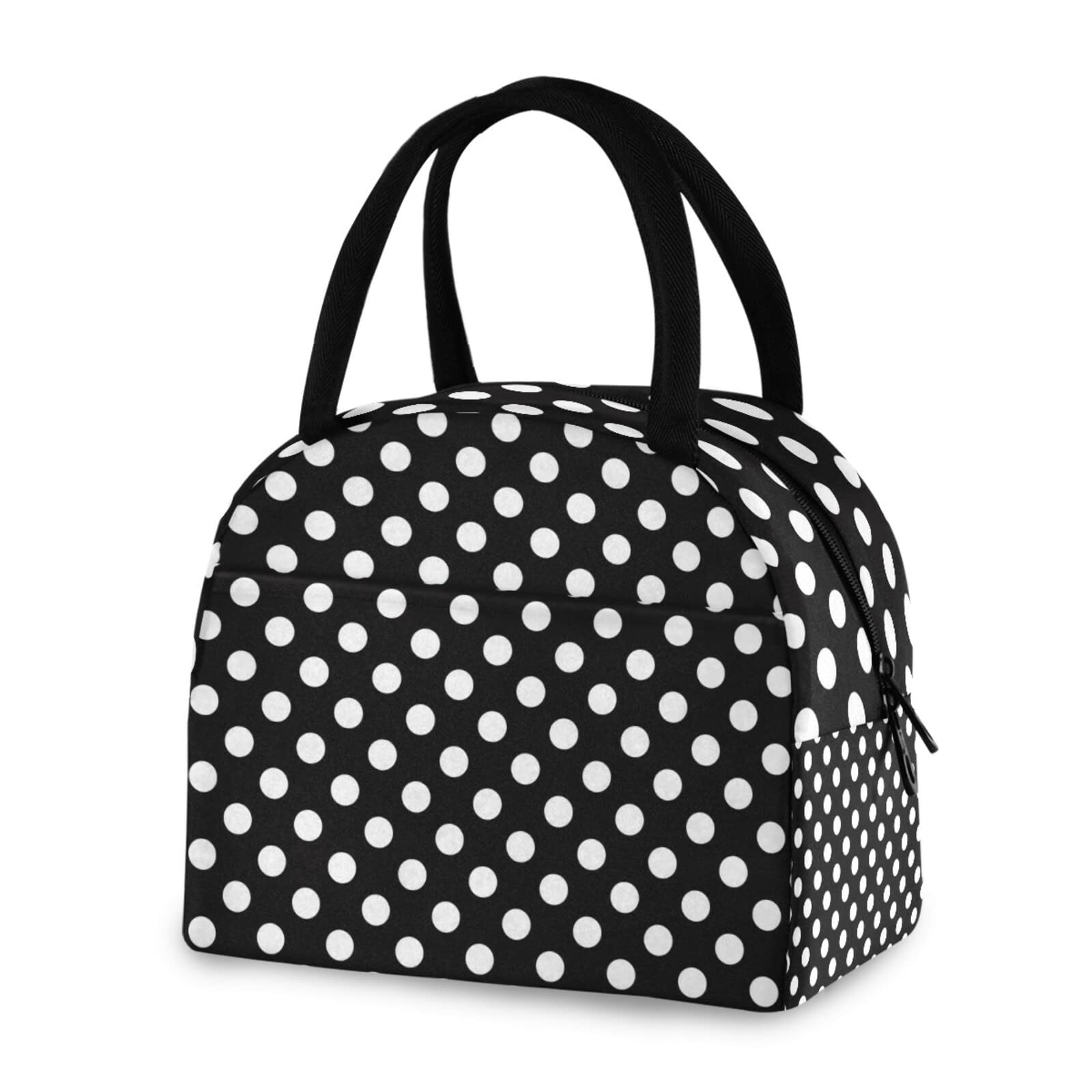 ZZKKO Polka Dot Black and White Lunch Bag Box Tote Organizer Lunch Container Insulated Zipper Meal Prep Cooler Handbag for Women Men Home School Office Outdoor Use โ image 1