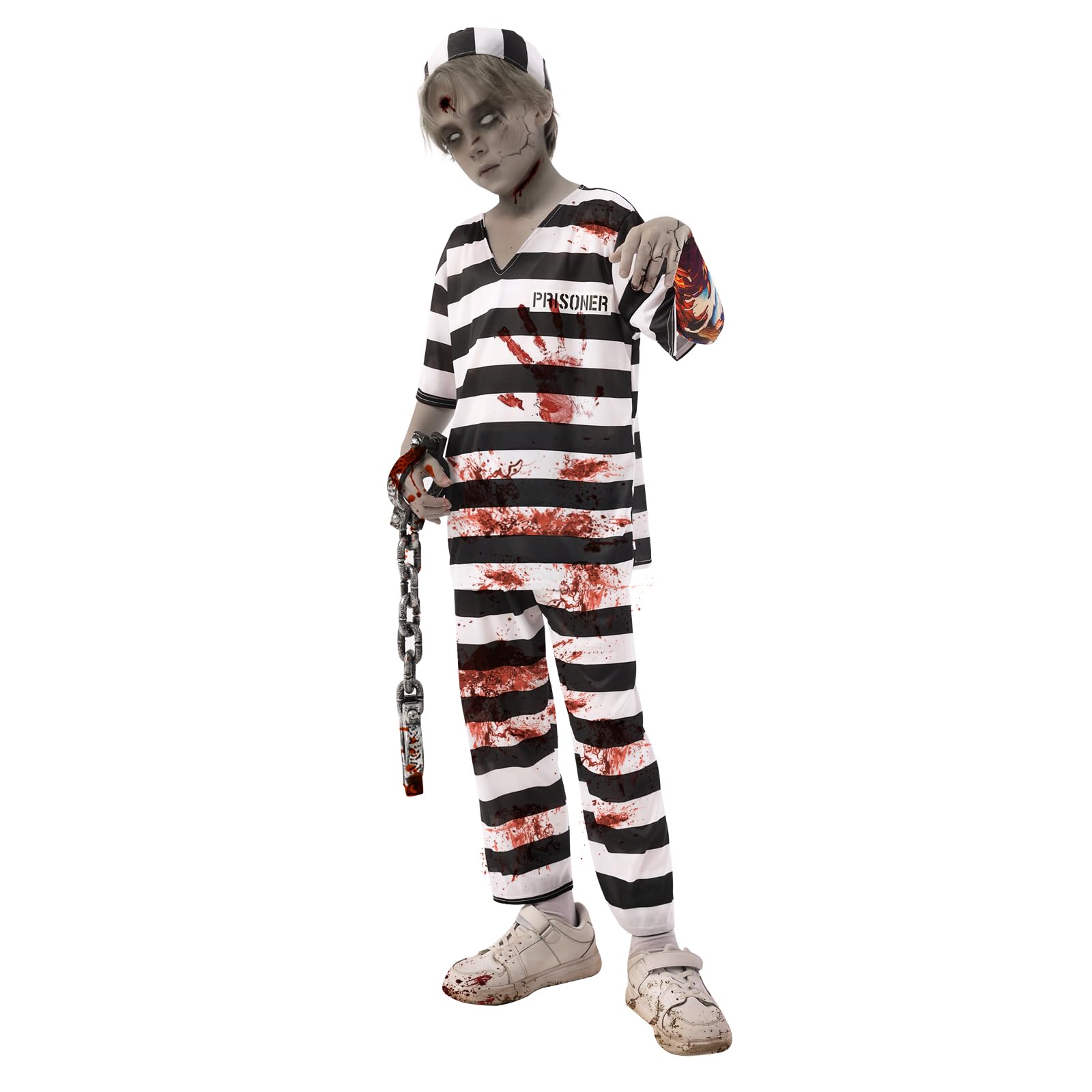 FORMIZON Disfraz Infantil de Zombi, Disfraz de Convicto Zombi para Niño, Disfraz de Prisionero Infantil con Mangas Tatuadas y Esposas de Juguete, Costumes Zombie para Fiestas, Carnaval y Halloween