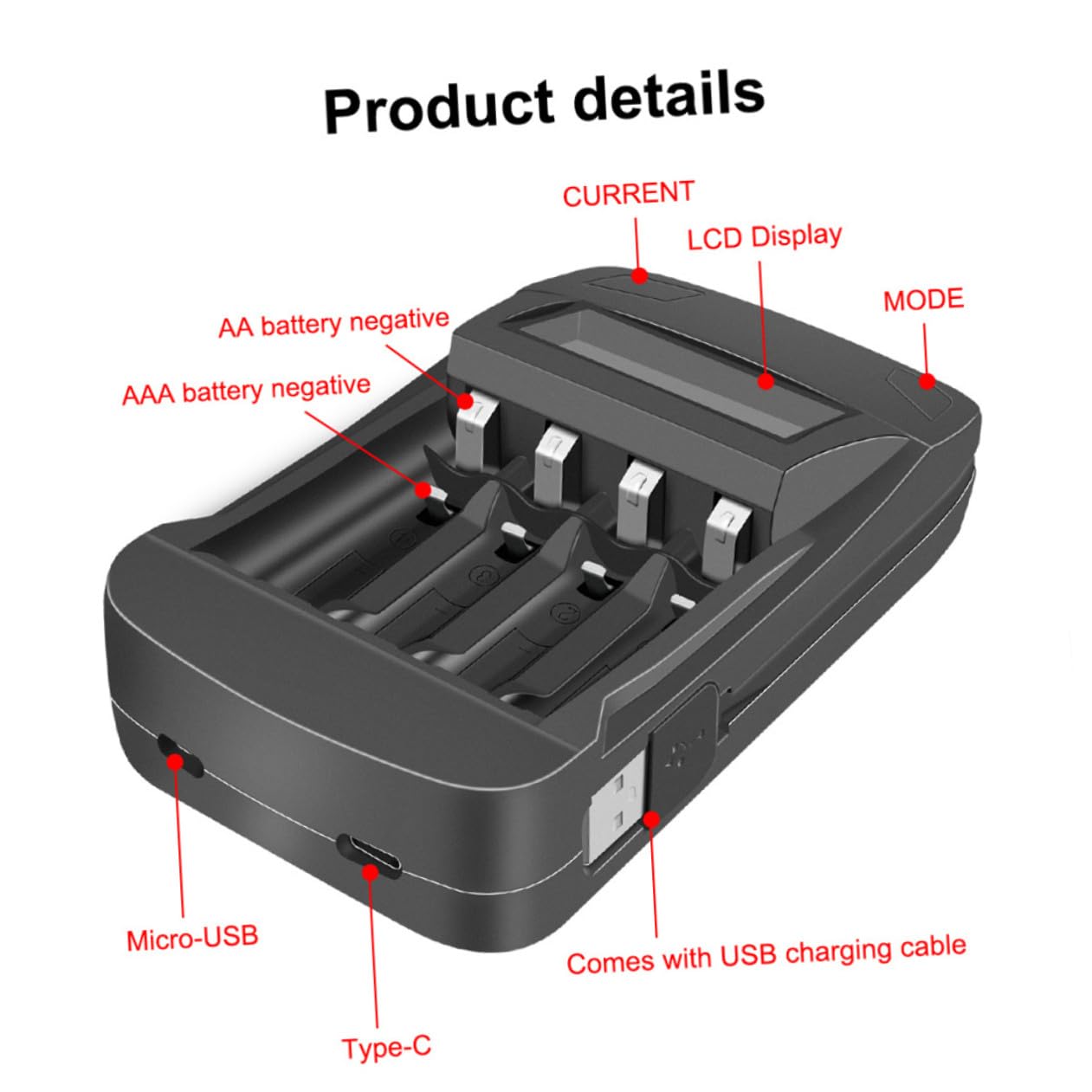 Gadpiparty Cargador de Batería Recargable AA/AAA Cargador de 4 Ranuras Pantalla Voltaje Capacidad