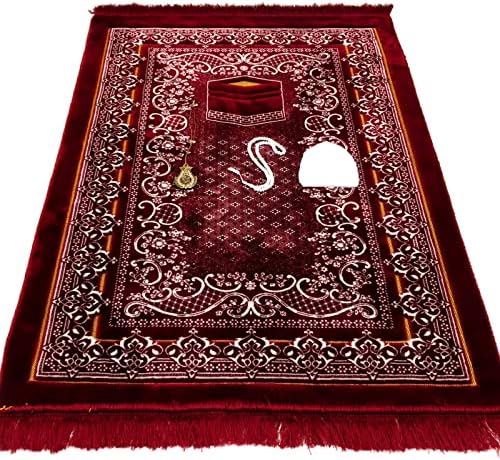 Modefa Turkish Islamic Velvet Prayer Rug - Thick & Wide Soft Praying Carpet for Men & Women - Large Prayer Mat - Eid & Ramadan Gift - with Kufi Cap, Beads & Car Hanger - Double Plush (KB Red)