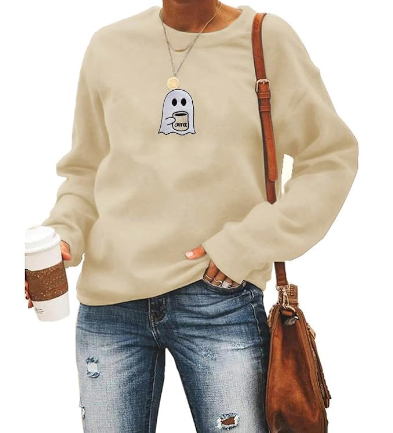 AIIWEIS Halloween Ghost Coffee Sweatshirt Women Embroidered Spooky Long Sleeve Shirt Crewneck Halloween Pullover Top