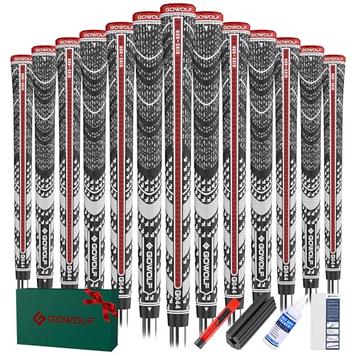 Gowolf Premium Cross Corded Natrual Rubber Golf Grips 13 Pack, Back Rib Improved Control Multi-compound Hybrid Golf Club Grips with Tapes or Regripping Kit, Oversize, Black