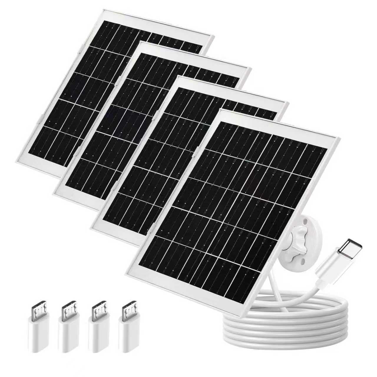 Lot de 4 panneaux solaires 7 W pour caméra de sécurité pour caméra de sécurité extérieure à batterie rechargeable CC 5 V, support de sécurité réglable à 360 ° – Câble micro USB et USB-C de 3 m