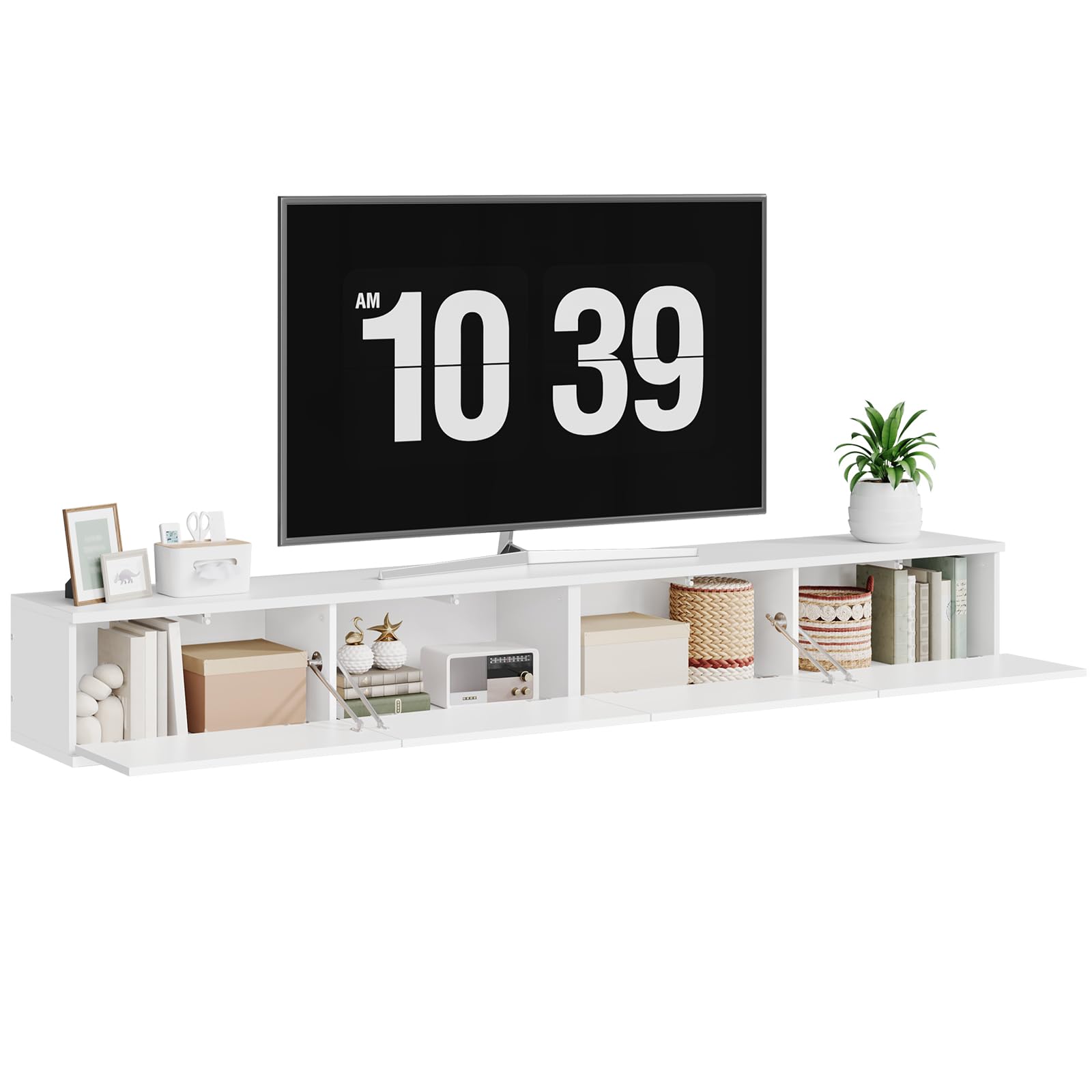 YATINEY Mueble para TV Suspendido con Tira de Luces LED, Soporte para TV Montado en Pared con Cuatro Puertas Abatibles, 180 x 24 x 22 cm, para Salón o Dormitorio, Blanco XDS23DWT