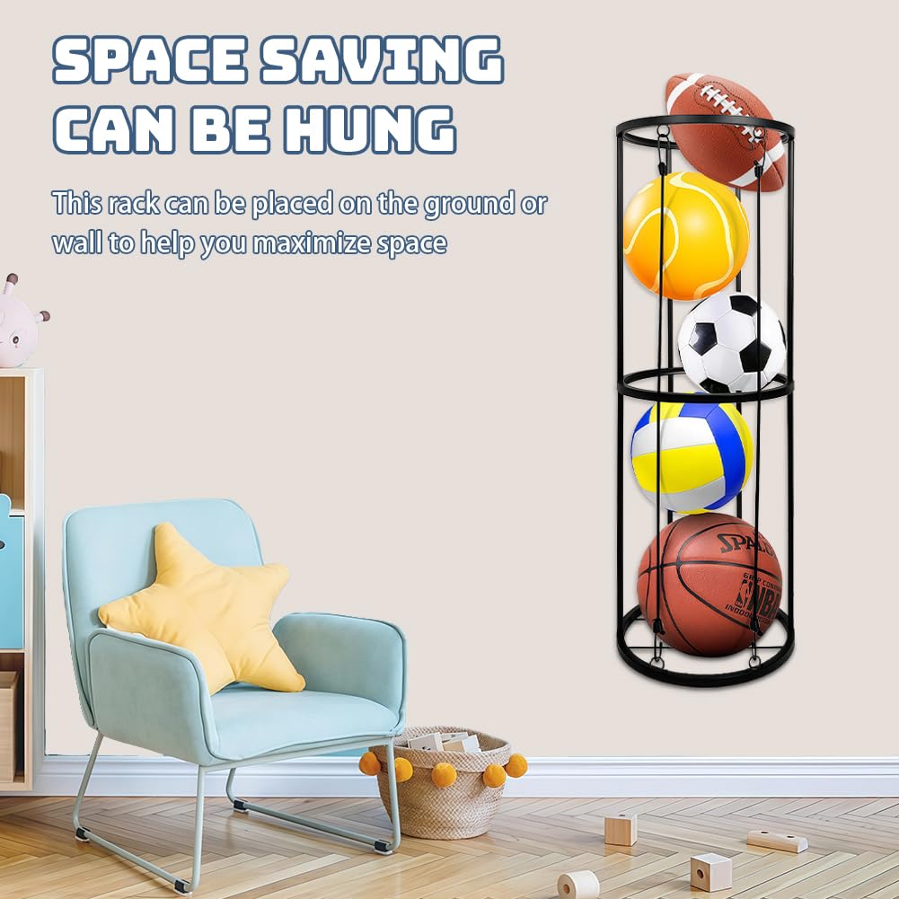 Rack à Balles Vertical 99x33cm Avec Roulettes – Support Mural Ou Au Sol, Capacité 4-5 Ballons, Fer Robuste, élastiques De Maintien – Basket, Foot, Volley