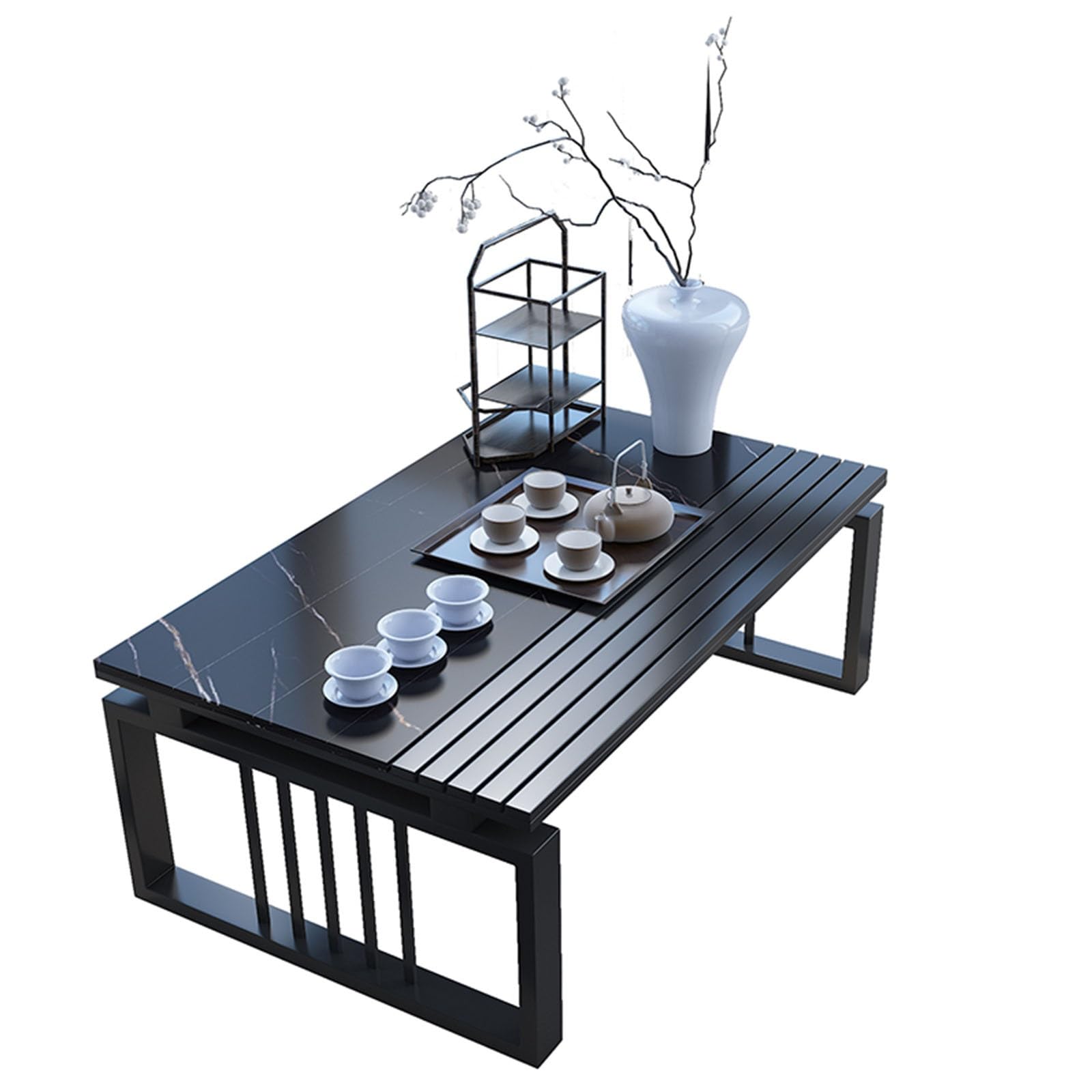 Table basse japonaise à bascule design compact noir en bois pour petit salon