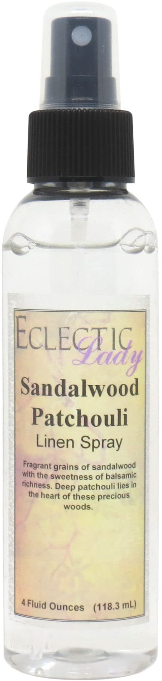 Sandalwood Patchouli Linen Spray (Double Strength), 2 ounces - Eclectic Lady Sheet and Linen Spray - No Artificial Colors, Parabens, or Preservatives - Long-Lasting Scent for Bed, Fabric & Pillow