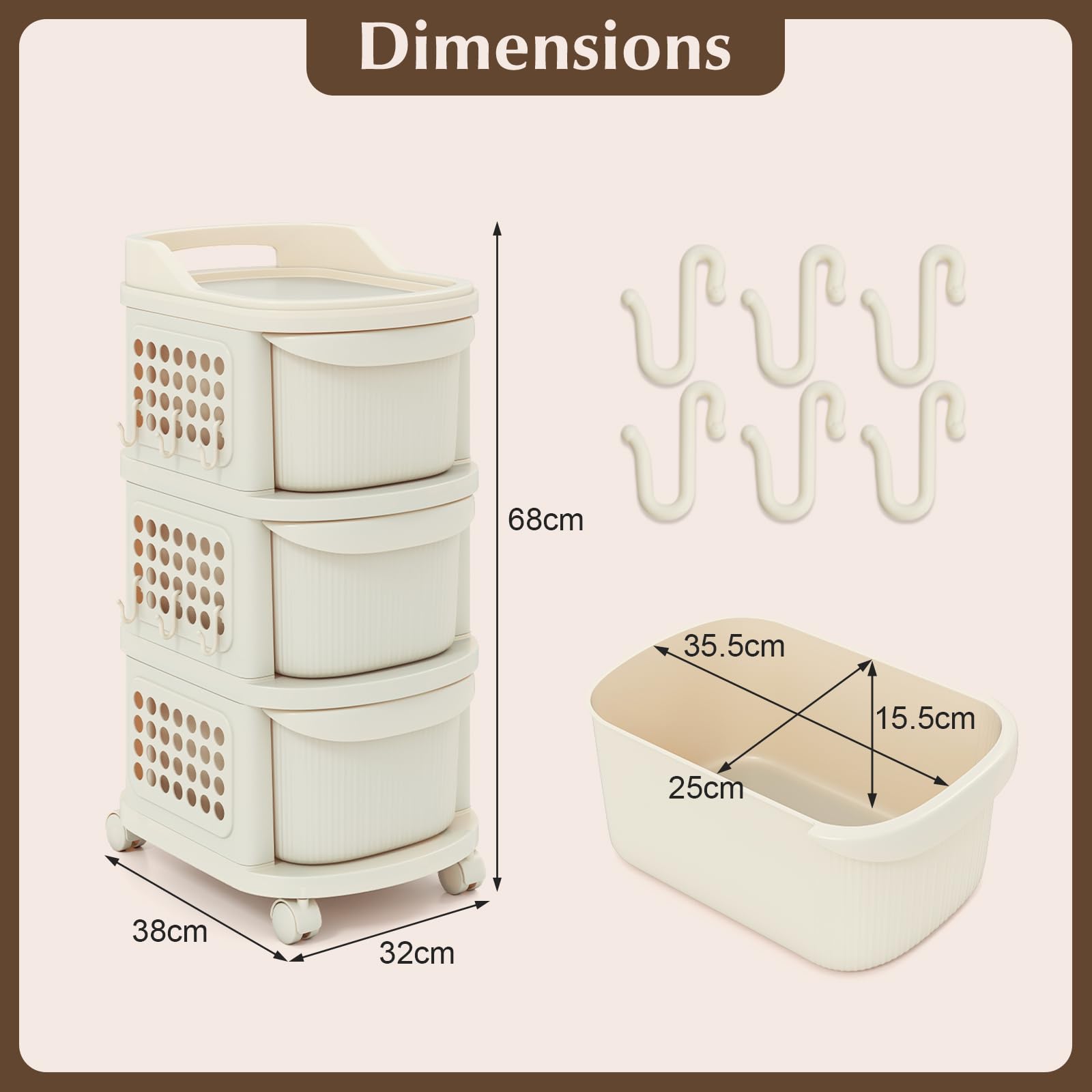 GIANTEX Chariot de Rangement à roulettes avec 3 Tiroirs, Tour de Rangement en Plastiqu, Panneaux Perforés Latéraux, 6 Crochets, Roues Verrouillables, pour Salon, Chambre, Bureau à Domicile