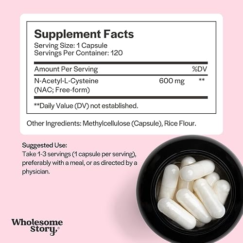 Miniatura 3 de Wholesome Story Suplemento NAC N acetil cisteína 600 mg | Apoyo para el hígado, los pulmones y la fertilidad | 120 cápsulas | Suministro de 120
