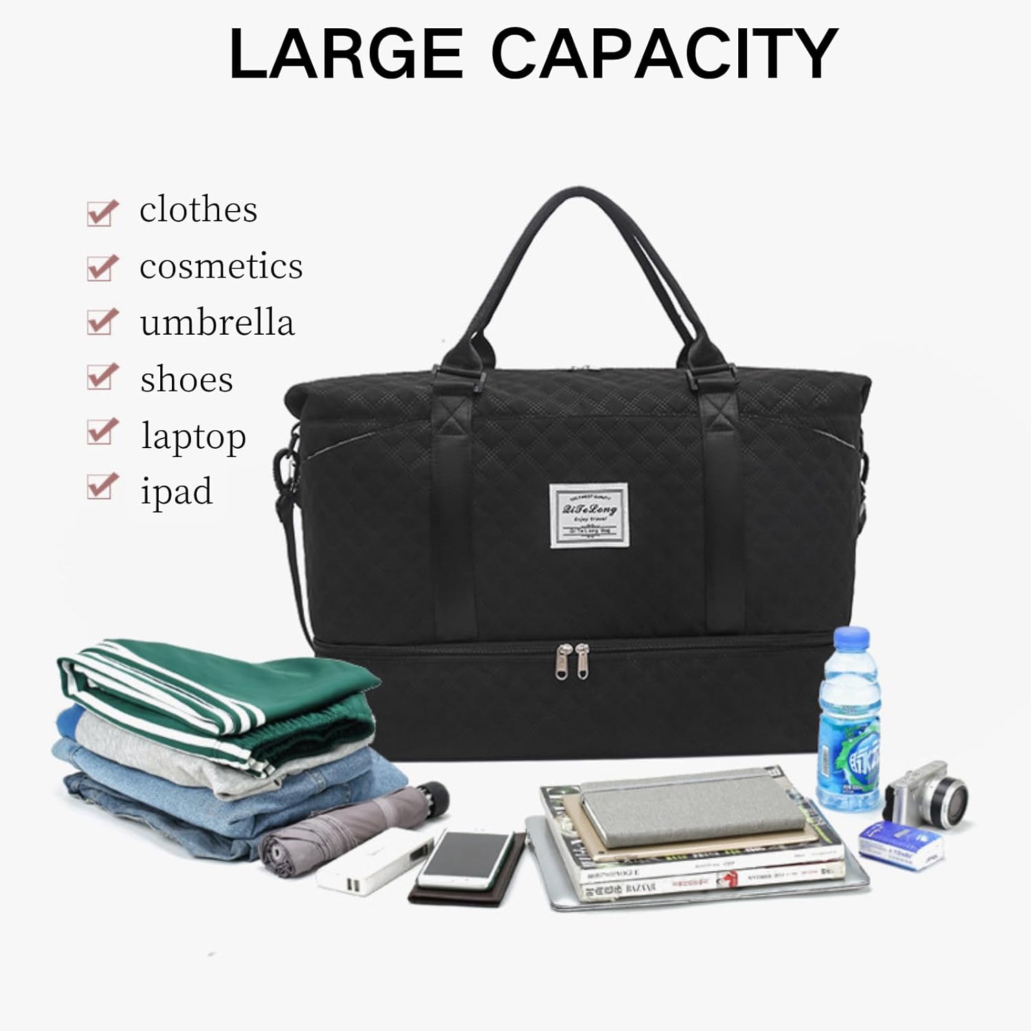 Weekender Bags for Women, Travel Duffel Bag with Shoe Compartment & Wet Pocket, Large Gym Sports Tote Bag, Maternity Hospital Overnight Bag with Toiletry Bag for Fitness, Work, Trips Black - Image 4