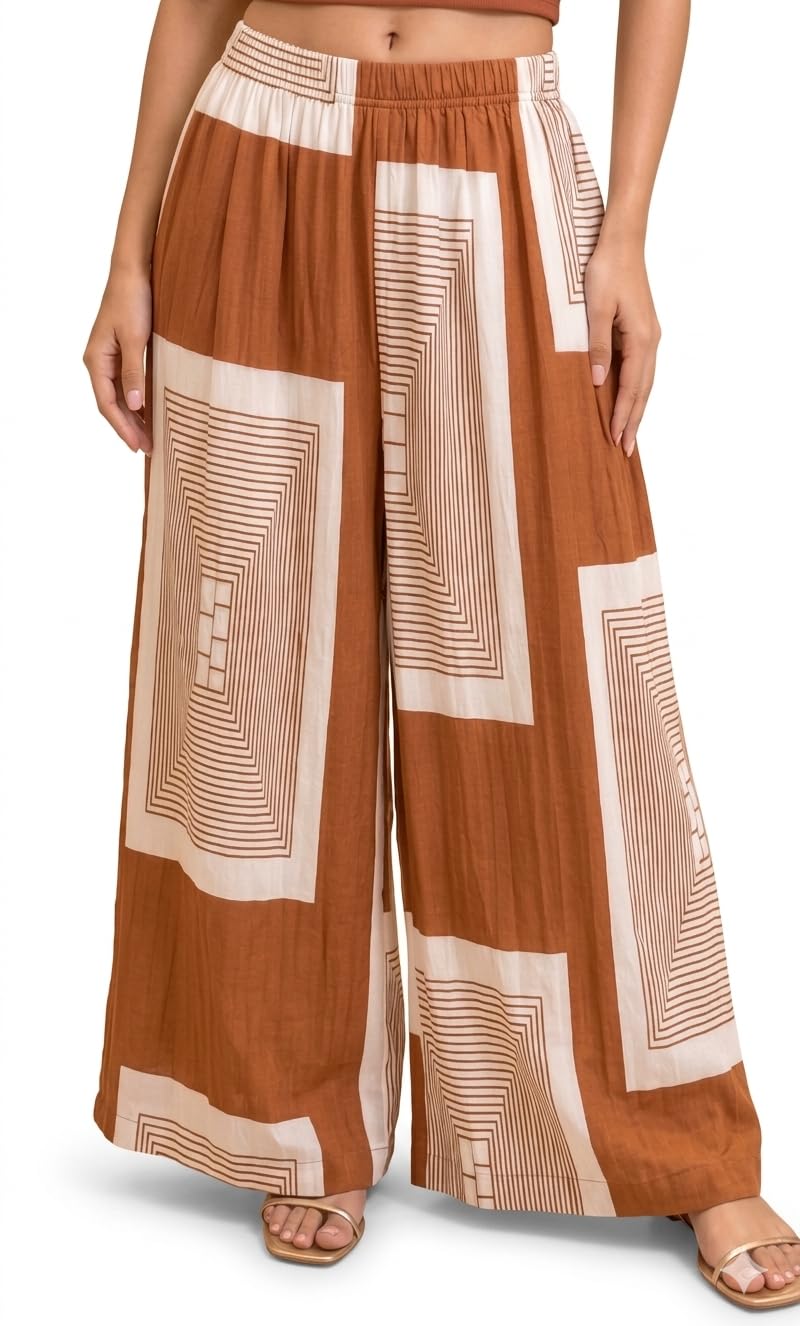Women's Wide Leg Plazo Pants, Red and White Geometric Print, Elastic Waist, Casual Palazzo Trousers-picture-24
