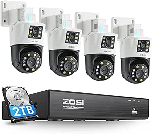 ZOSI 4K Dual-Lens PoE Security Camera System, 4 x 4K 8MP Pan/Tilt (2x4MP) PoE 360 Camera Outdoor, Person/Vehicle Detect, Spotlight Siren, Color Night Vision, 8CH 8MP NVR with 2TB HDD (16CH Expandable) asin的图片