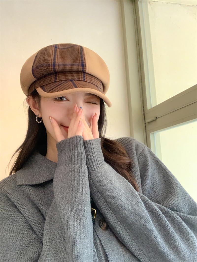 Molodo Vintage Plaid Newsboy Hats for Women Casual Beret Cap Adjustable Octagonal Cap Trendy Ladies Painter Hats Camel