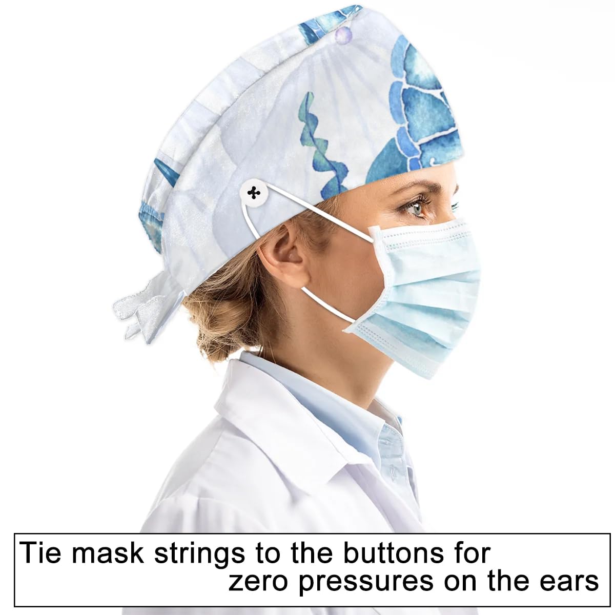 Mularoka Watercolour Turtle Shell Working Caps with Button Sweatband Comfortable Adjustable Bouffant Hats Work Hat for Women Men