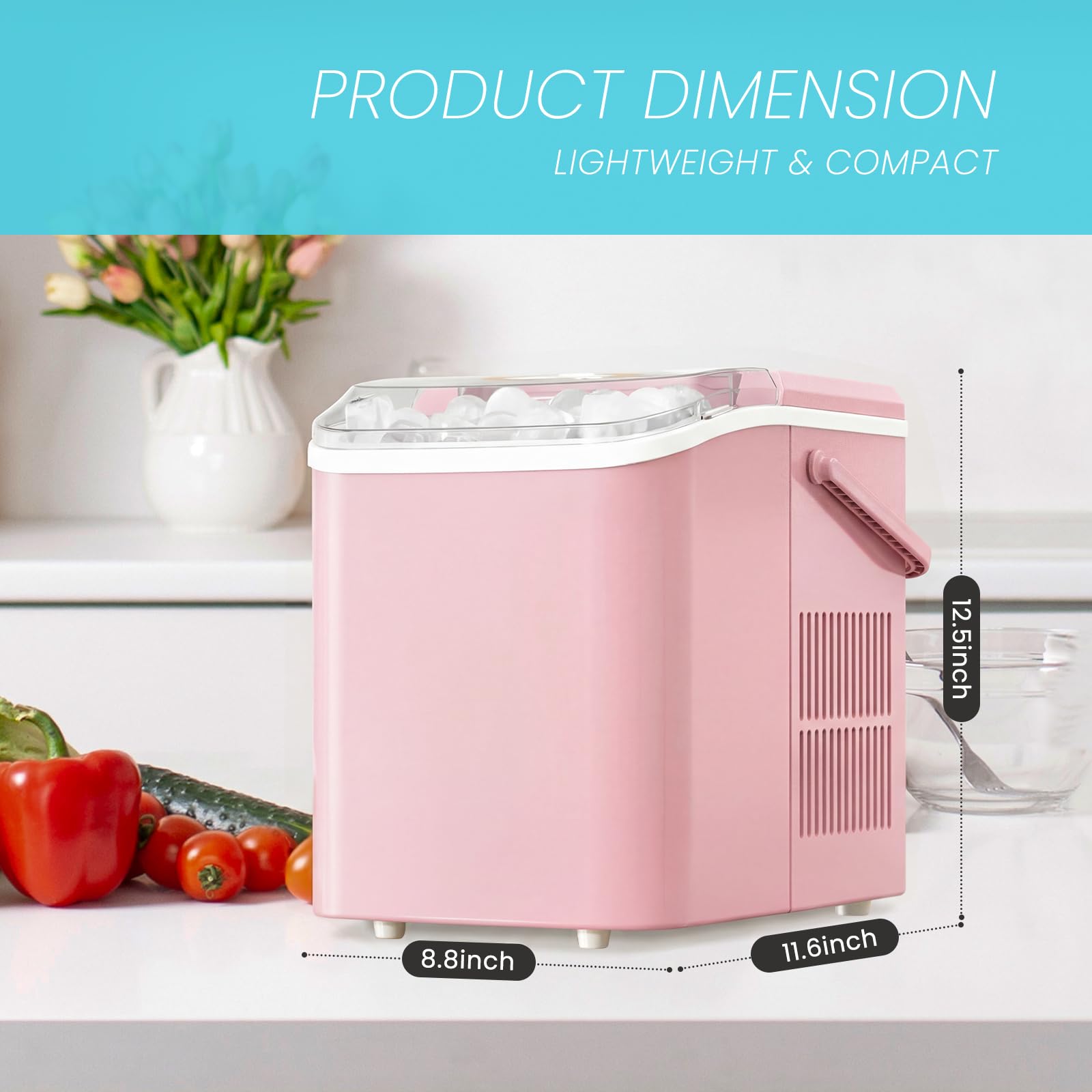 Ice Makers Countertop, Portable Ice Machine with Handle, 6 Mins 9 Bullet Ice Cubes with Basket and Scoop, 26lbs in 24Hrs, Auto-Cleaning, for Home, Kitchen, RV, Camping, Pink - 4