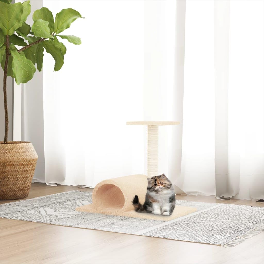Tiragraffi con tunnel, 60 x 34,5 x 50 cm, per gatti, stabile torre da arrampicata con sisal, amaca e cavera, ideale per appartamento e balcone, legno resistente, facile da montare