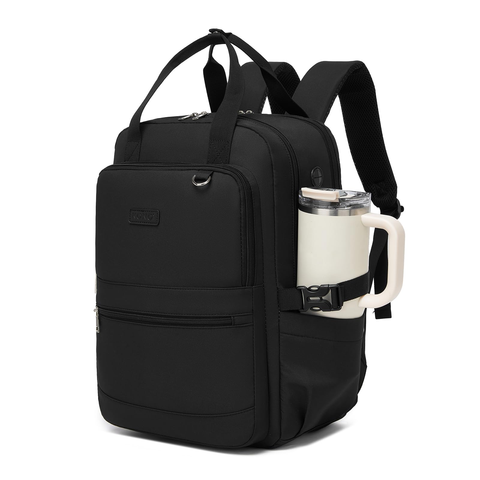 KONO Rucksack Damen 15,6 Zoll Laptop Rucksack Damen, Schulrucksack Elegant, Business Daypack mit vielen Fächern, 2 in 1 Rucksack & Handtasche mit Kabelöffnung für Uni Büro Reise (Schwarz)