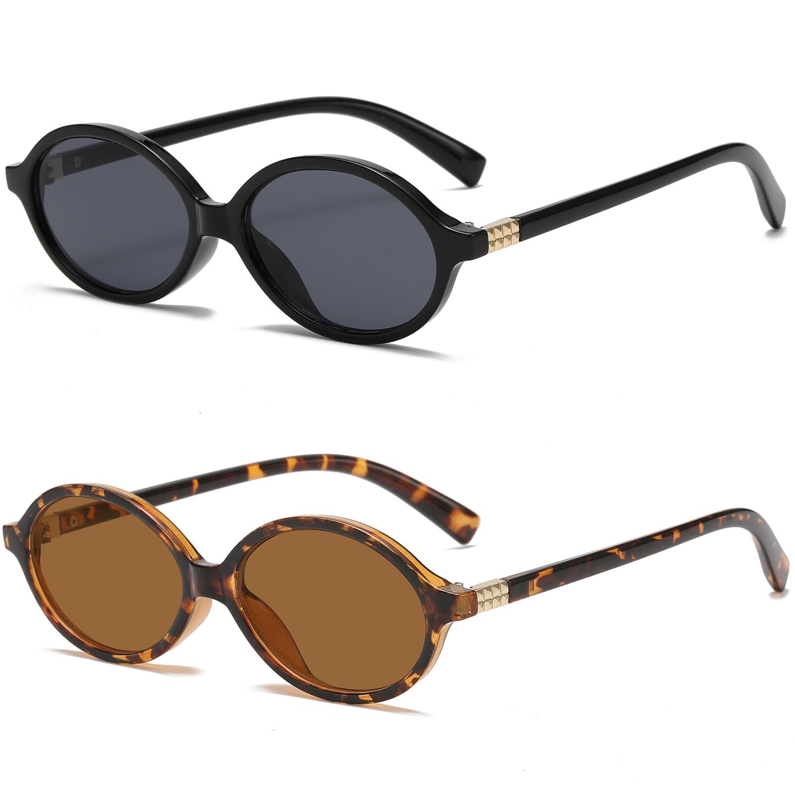 Retro Oval Sunglasses for Women Men, Womens 90’s Vintage Sun Glasses Fashion Tinted Glasses UV400 Protection (2PCS)