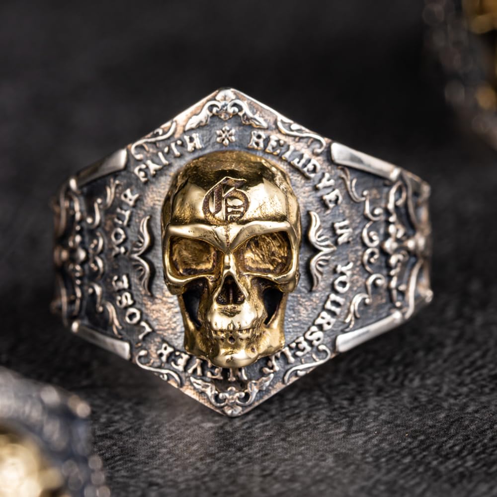 Anillo de calavera dorada de plata de ley 925 anillo meñique con flor de lis para hombre talla S/M/L ajustable