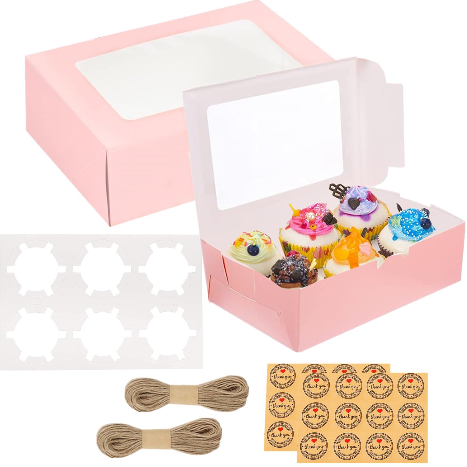 GUIFIER 20 Pack Cupcake Boxes 6 Count with Window, Muffin Box with Inserts, Cake Boxes, Paper Bakery Cookie Boxes Ideal Take Out Container Box for Cupcake, Cake, Pastry, Treats, Dessert, Donuts (Pink)
