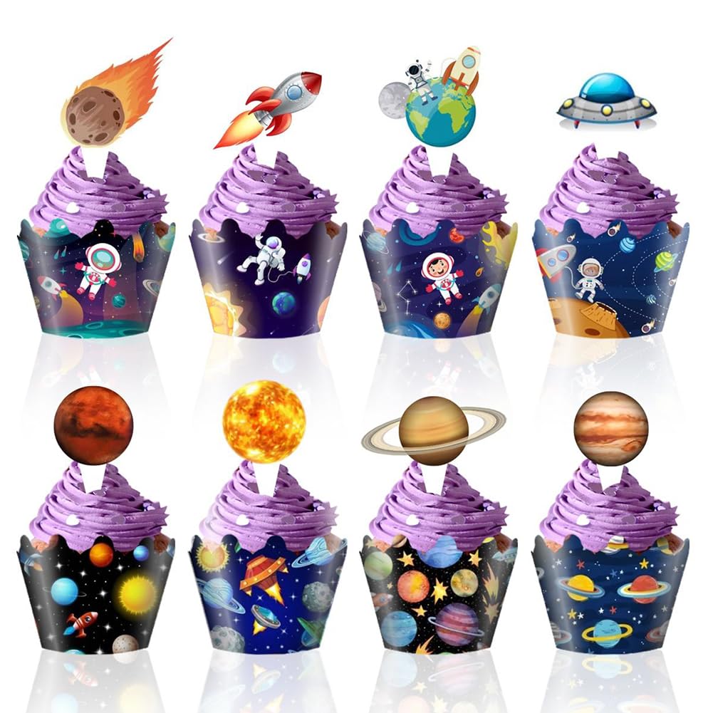 48pcs Space Cupcake Toppers and Wrappers, Space Party Decorations, Astronauts Rockets Satellites Probes Planets Pattern Space Galaxy Cake Decorations Supplies for Kids Birthday Wedding Baby Shower
