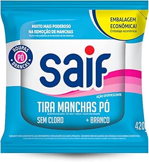 Tira Manchas Em Pó Sem Cloro Mais Branco Poder O2 Sachê Saif 420G, Saif, Removedor De Manchas De Roupas Brancas, Azul, Mais Poderoso Na Remoção De Manchas, Roupas Brancas Mais Brancas, Embalagem Econ