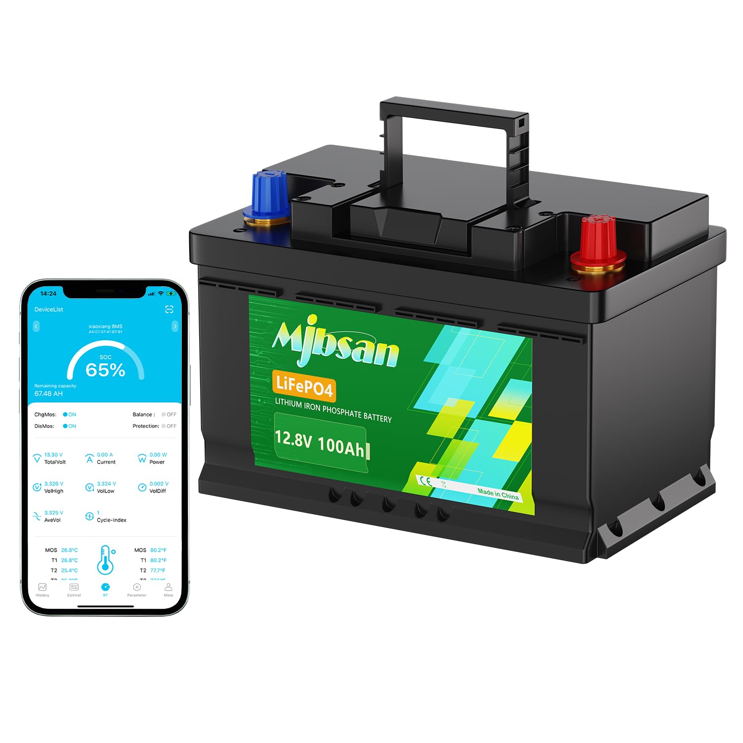 Mjbsan Mini batterie au lithium LiFePO4 12 V 100 Ah avec petite taille et poids léger, cellules BMS 100 A et classe A intégrées, 4000-15000 cycles avec 10 ans pour camping-car, solaire, bateau et