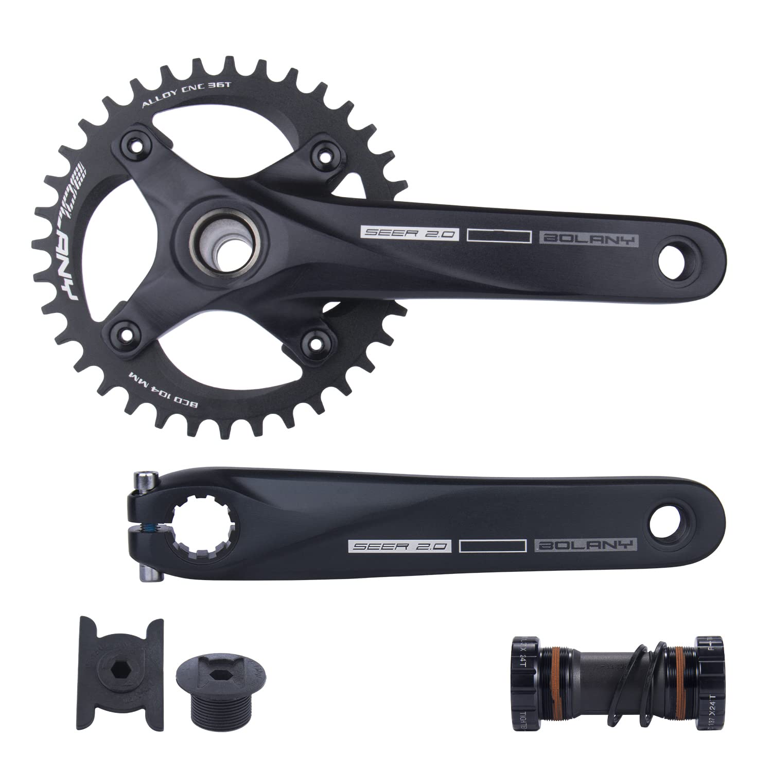 BOLANY Fahrrad Kurbelgarnitur 170mm kurbel 104BCD Hollowtech-Kurbelgarnitur 1 Fach Einzelspeed-Rundkettenblatt 34T/36T Zähne MTB Kurbelsatz mit Tretlager