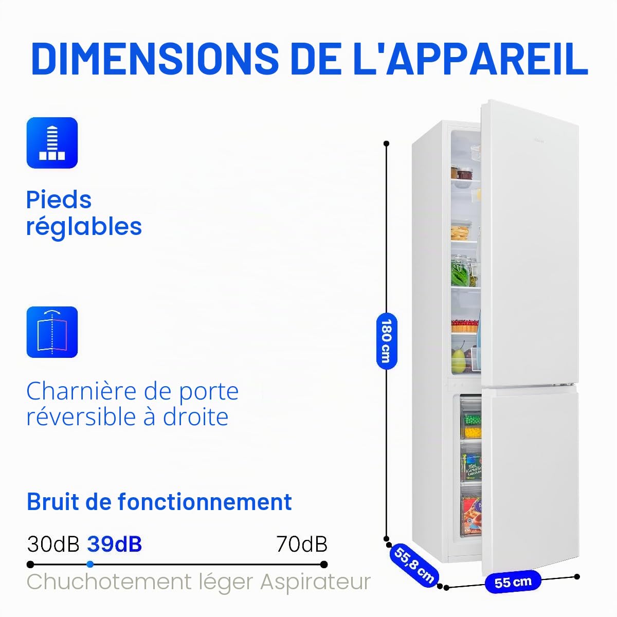 Bomann Réfrigérateur et congélateur 269L blanc KG184-1-inox/blanc, Capacité nette : 269 litres, Contrôle de la température en continu, Charnières de porte à droite, interchangeables