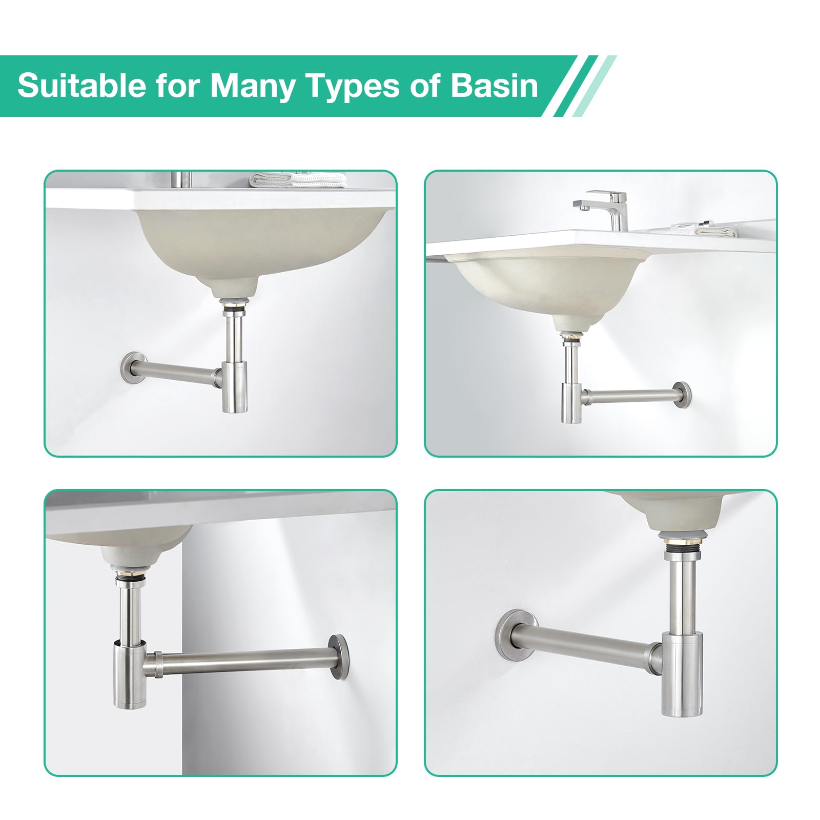 Faustina Sifón universal para lavabo, sifón tubular de 1 1/4 pulgadas, desagüe para lavabo, baño de acero inoxidable cepillado