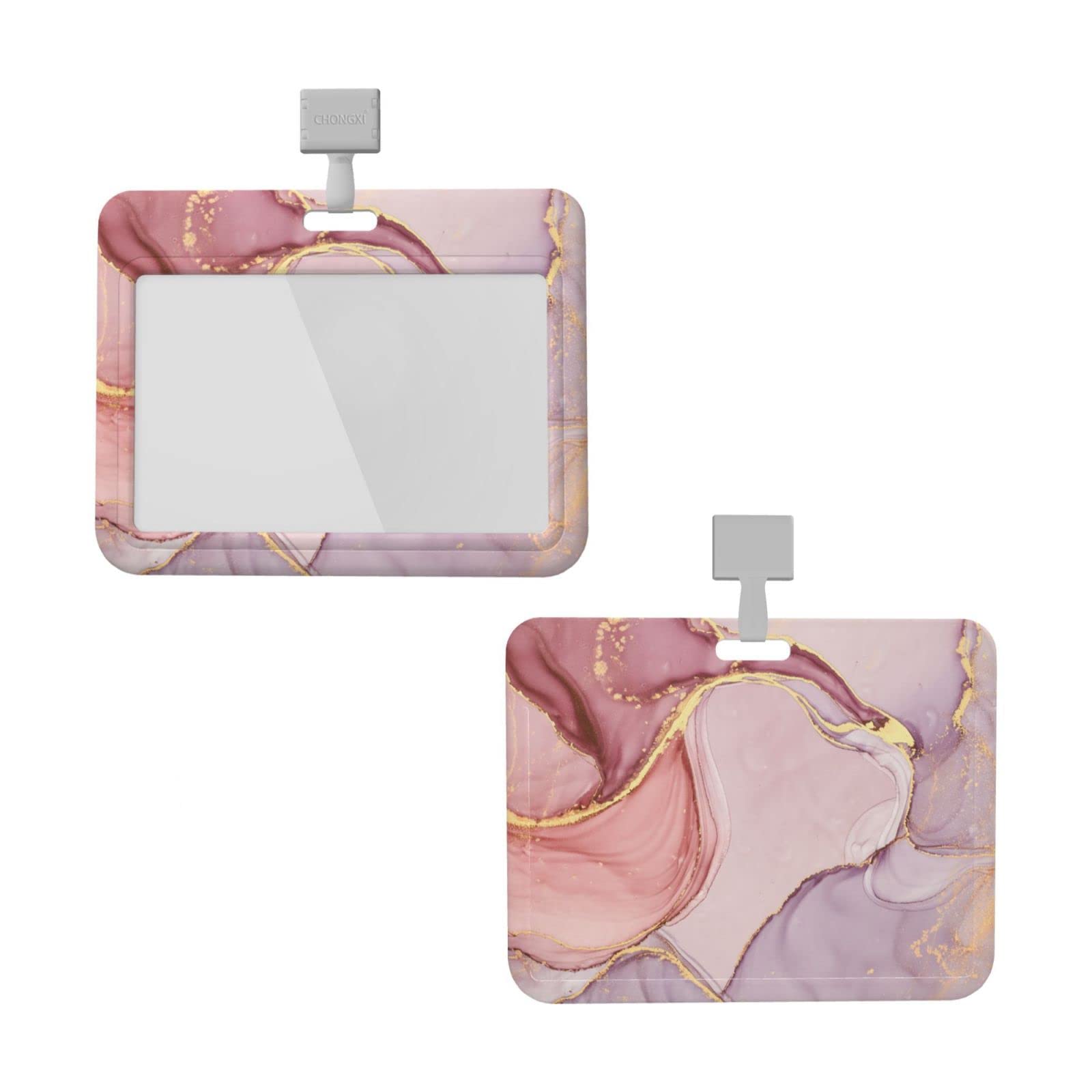 Gold Pink Marble Badge Holder Horizontal Detachable Neck Lanyardbadge Holder for Men Women Waterproof Id Card Name Protector Cover with Lanyard Strap