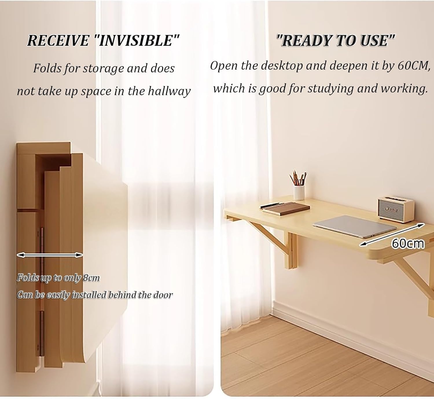 Klappbare Werkbank zur Wandmontage, platzsparend, schwimmend, Laptop-Schreibtisch, Klapptisch, Klapptisch, Wandmontage, Arbeitstisch für Arbeitszimmer und Heimbüro (Größe: 80 x 40 cm)