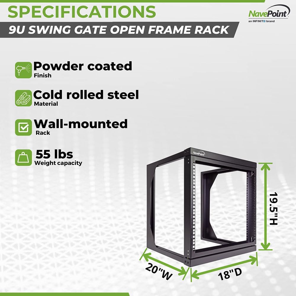 NavePoint 9U Open-Frame Server Rack for 19" IT Network Equipment & A/V Devices Free Standing or Wall Mount with 180 Degrees Gate Swing, Black - Image 4