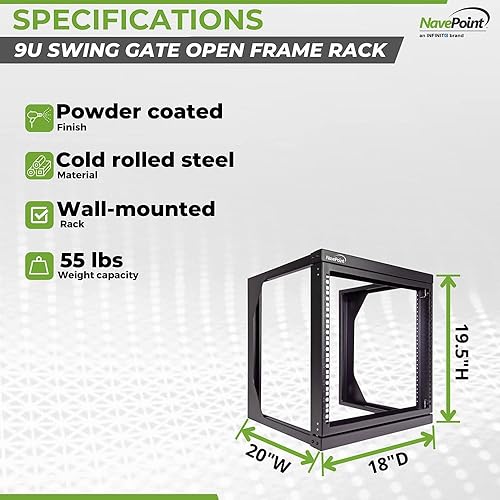 Miniatura 4 de NavePoint Soporte de pared 9U con marco abierto IT de 19 pulgadas con puerta abatible con bisagras color negro
