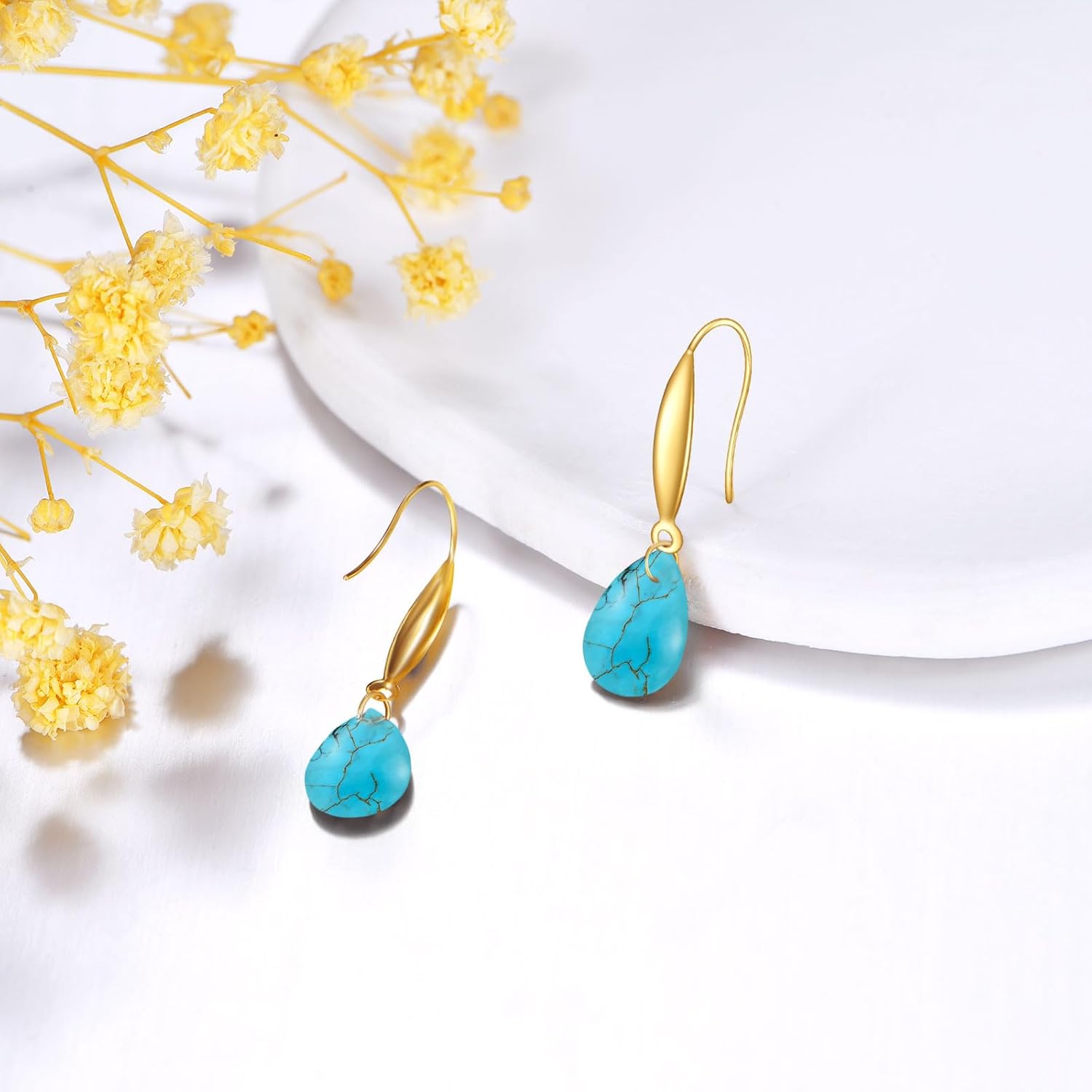 18K Gold Pear Birthstone Dangle Earrings for Women,Teardrop Created Gemstone Earring(Total 3 Carat 6MM*9MM*2) Anniversary Birthday Mother's Day Jewelry for Mom Her - Image 2