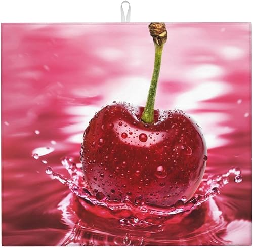 Tapete de secado de platos con diseño de cerezas rojas para cocina, ultra absorbente, tapete escurridor de microfibra, tapete de café grande para