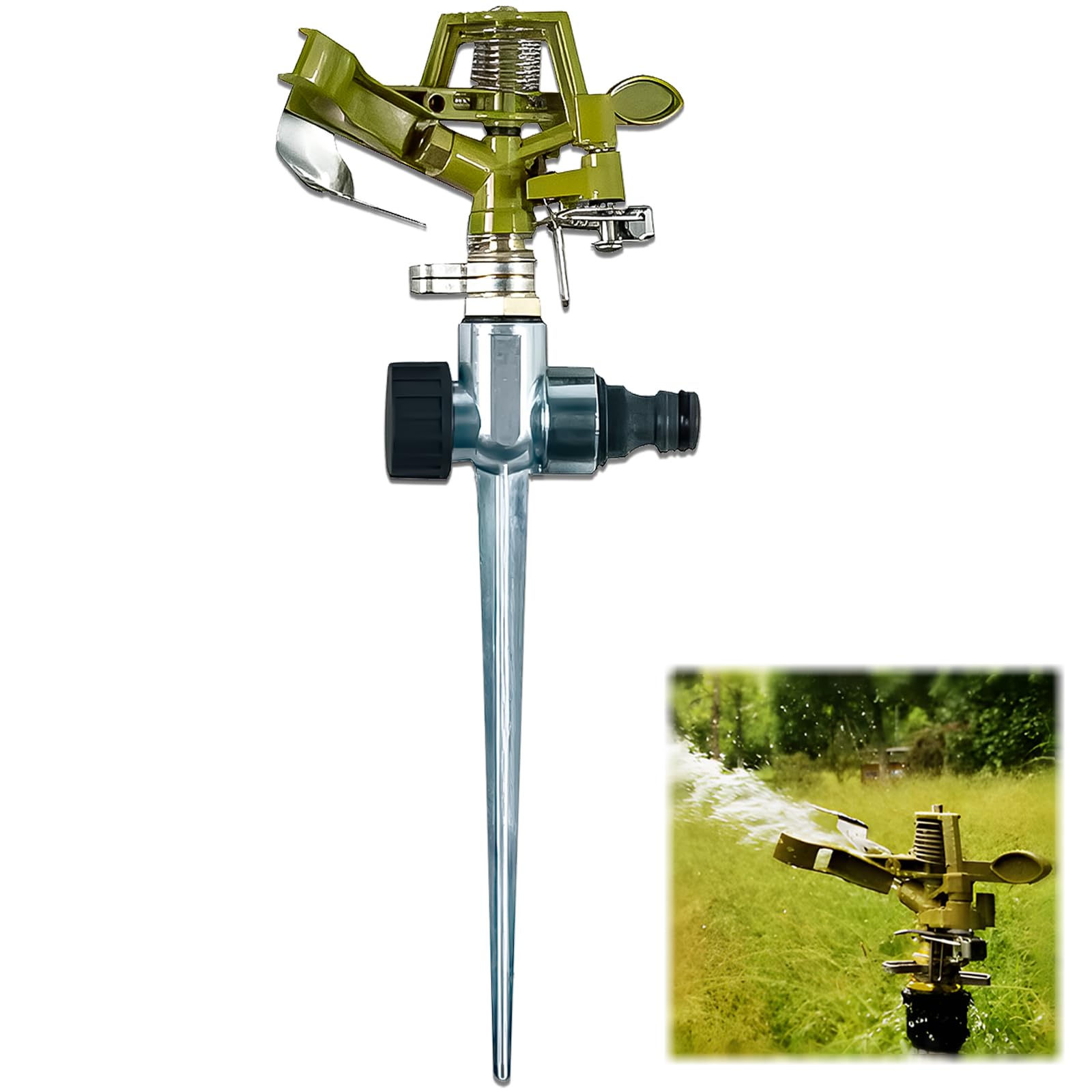 Aspersor Riego por Pulso con Piquetas, Hillylolly Aspersor de Impacto, Aspersor Sectorial de Riego Cesped Rotación de 360° Aspersores de Riego Agricola Riego 100 m² para Plantas Flores Verduras