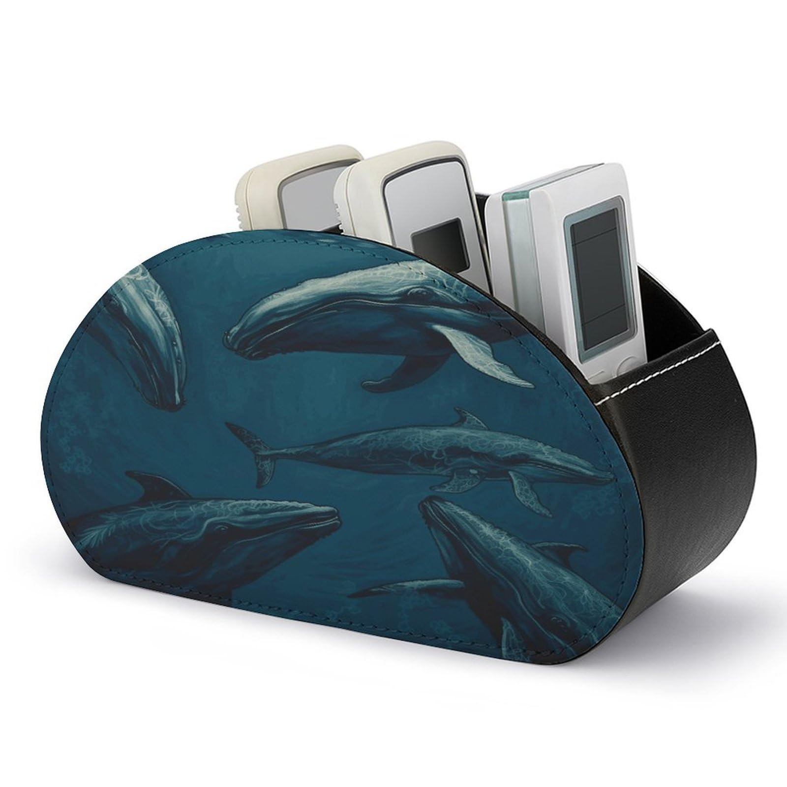 FekiLoot Ocean Whale Remote Control Holder, PU Leather Remote Control Organizer Box Stationery Remote Control Box Desk Storage Organizer for DVDs,Glasses,Pens,Media Players
