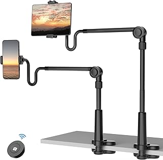 Suporte de cama para telefone e tablet de 11,6 cm a 28 cm com controle remoto sem fio, suporte de pescoço de ganso para celular, braço longo, clipe flexível para montagem em cima da cabeça para mesa, cabeceira de cabeceira, gravação de filmagem, para iPhone/iPad/Tablet