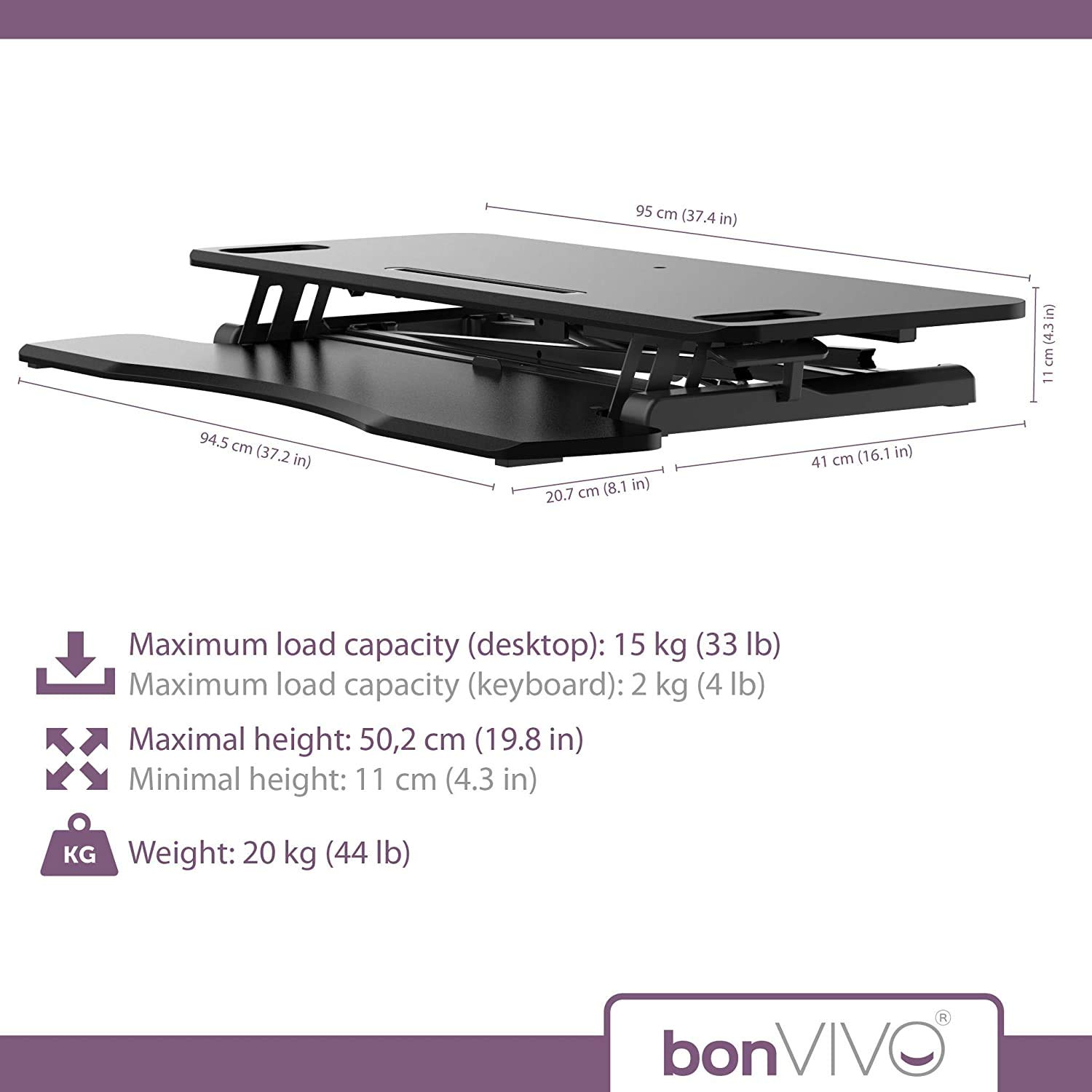 bonVIVO Scrivania Regolabile Altezza Sit Stand per PC e Ufficio | Postazione ergonomica per alternare lavoro seduto e in piedi. Ideale per casa, studio e ufficio.